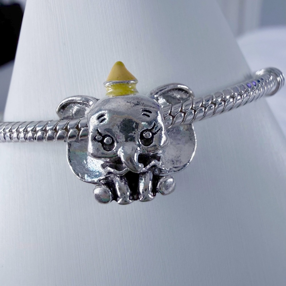 Silver Elephant Bead Charm Fits Snake Chain Bracelet Yellow Hat Animal Jewelry - Picture 6 of 10